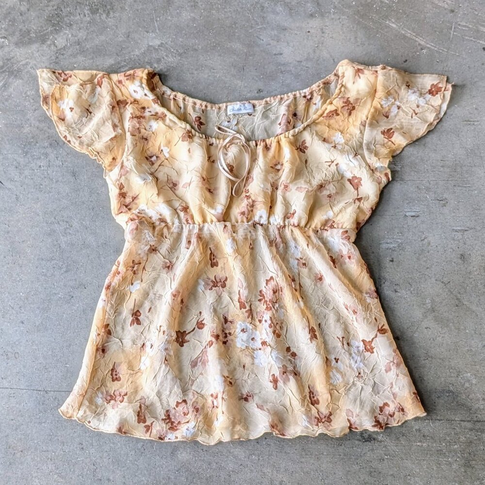 Vintage Y2K Fairycore Yellow Floral Empire Waist Flutter Sleeve Top large